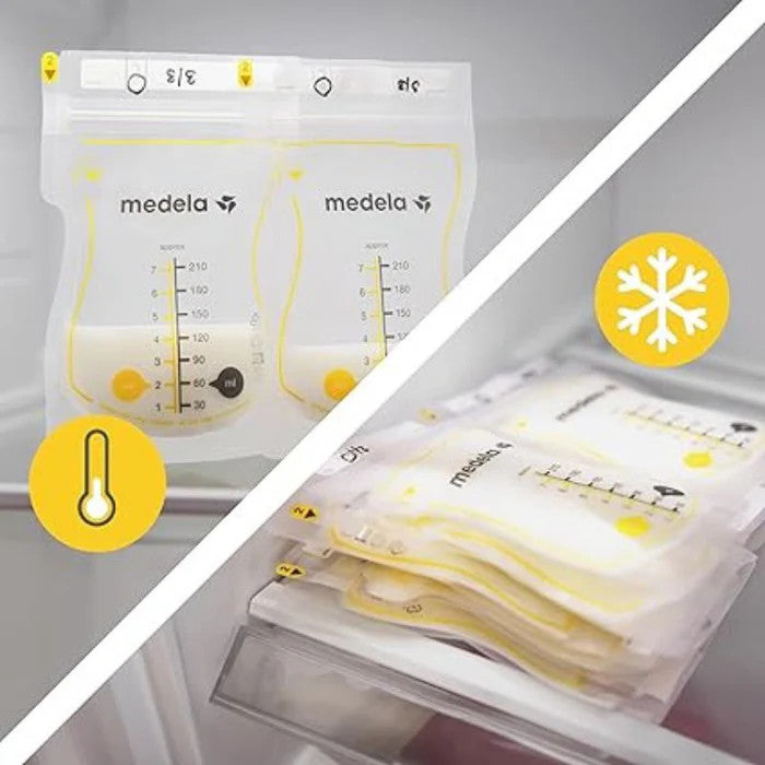 Medela Easy Pour breast milk storage bags, 100-pack; clear with yellow measurement marks in freezer.