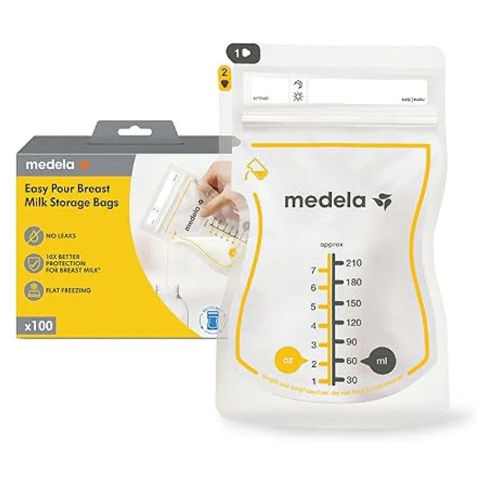 Medela Easy Pour breast milk storage bags, 50-pack; white and yellow packaging