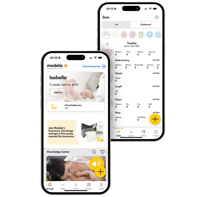 Medela Magic InBra Wearable Breast Pump app screen showing hands-free pumping and progress stats.