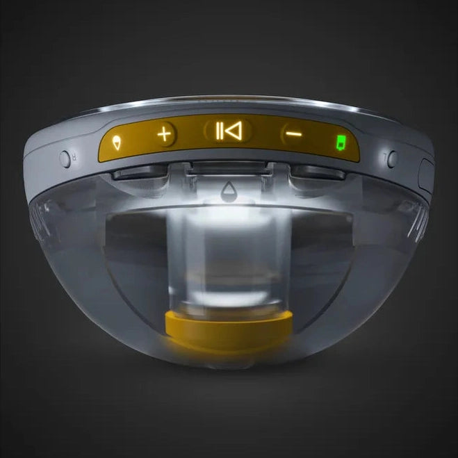 Medela Magic InBra Wearable Breast Pump, grey with yellow control panel, showing hands-free, compact design.