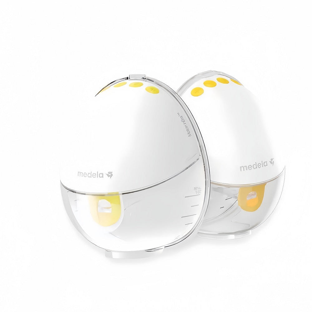 Medela Motion Inbra Double Electric Breast Pump, twin white units with yellow accents in use, MEDELA branding