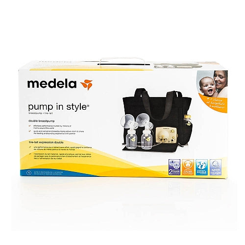 Medela Pump In Style Slouch-Double Electric Breast Pump kit with black bag and bottles on a white box