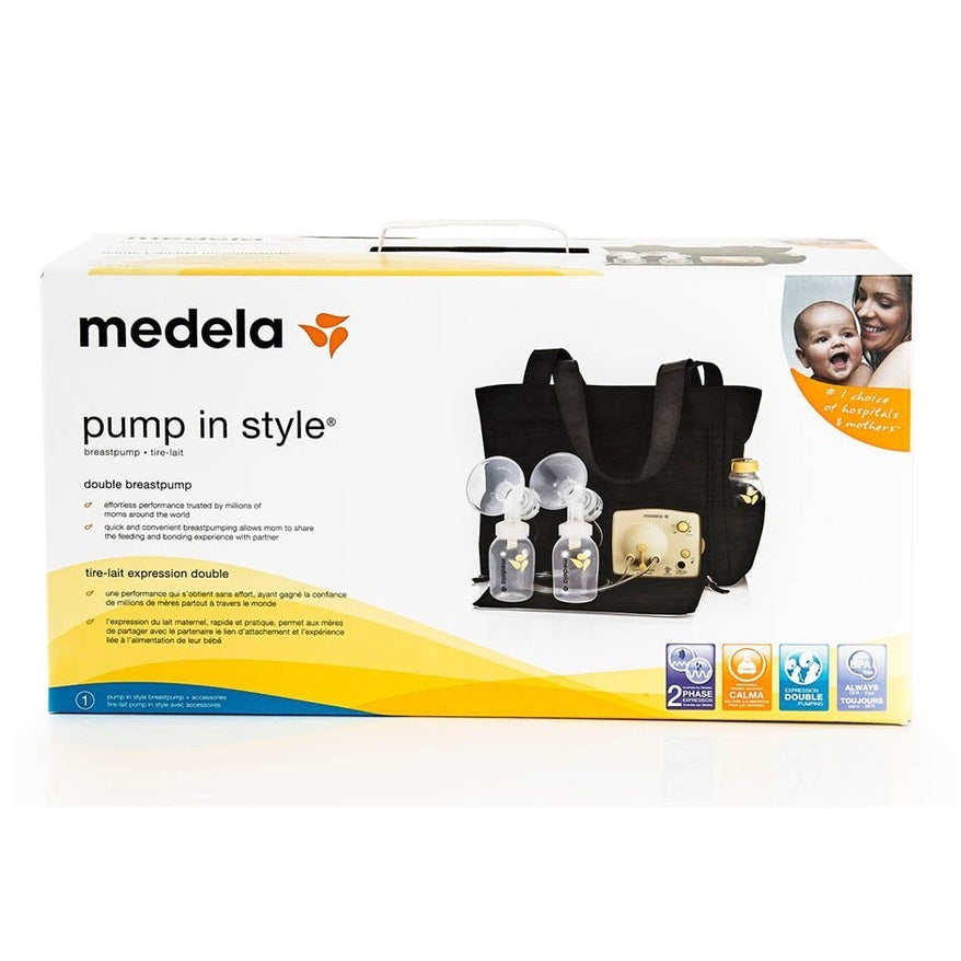 Medela Pump In Style Slouch-Double Electric Breast Pump with black tote and two bottles