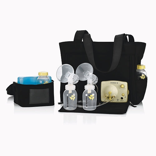 Medela Pump In Style Slouch-Double Electric Breast Pump kit with tote bag and cooler, dual pumps connected to bottles