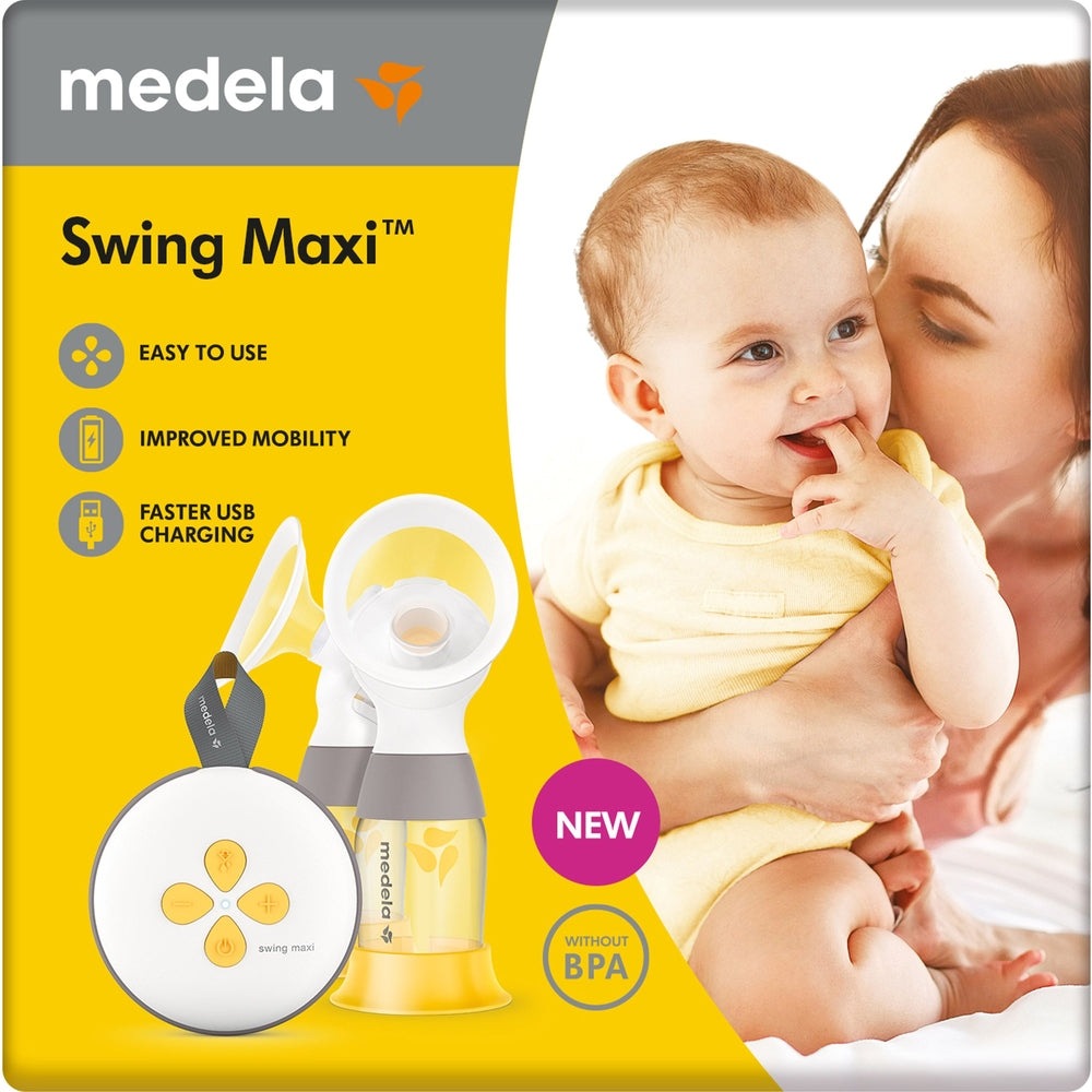 Medela Swing Maxi double electric breast pump with yellow packaging and accessories