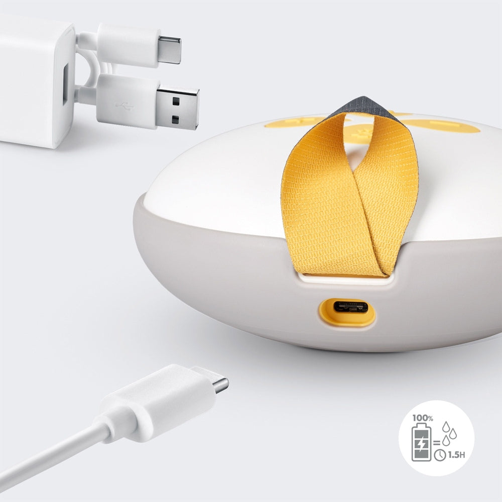 Medela Swing Maxi double electric breast pump in white with yellow accents and USB-C charger