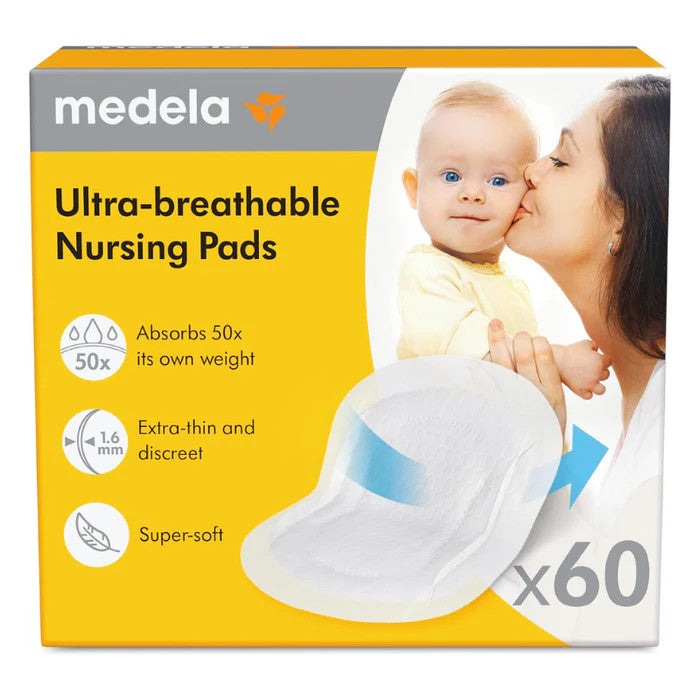 Medela Ultra-Breathable Nursing Pads 60-count box in yellow with MEDELA branding