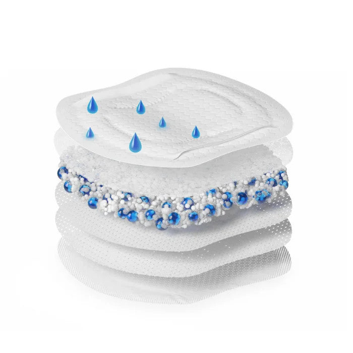 MEDELA Ultra-Breathable Nursing Pads X60, white layered pads with blue accents and textured absorbent layer