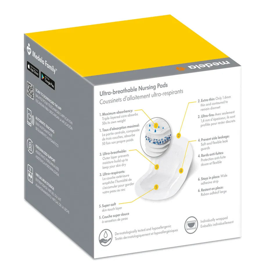 Medela Ultra-Breathable Nursing Pads X60 box, white/gray with yellow lid