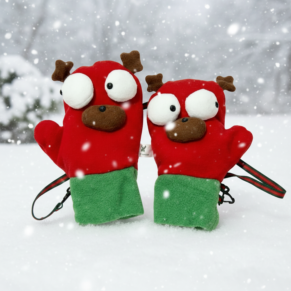 Merry Moose Christmas Mittens by Baby Enroute, red with green cuffs, two plush mittens hugged together in falling snow.