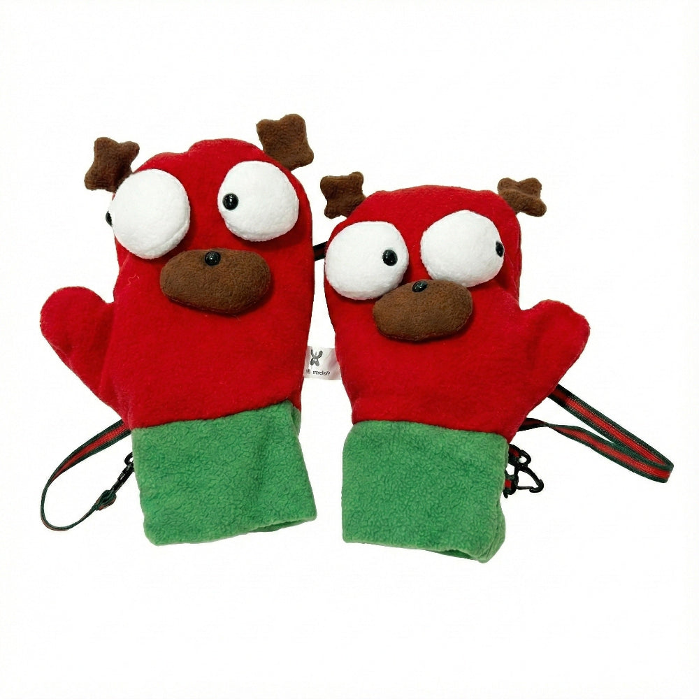 Red and green mittens with reindeer face design on a white background