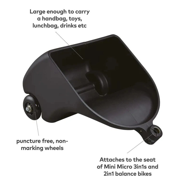 Micro Balance Bike Trailer, black seat carrier with puncture-free wheels that clips onto Micro balance bikes.