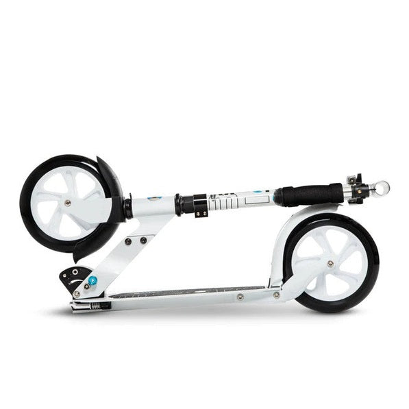 Micro Classic White Scooter, foldable silver frame with white wheels, MICRO brand.