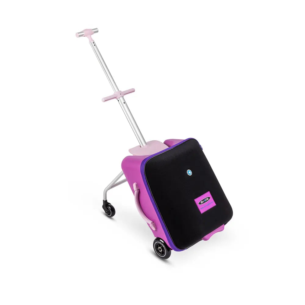 Micro Eazy Luggage suitcase on wheels with extended pink handle, purple shell, black front panel.