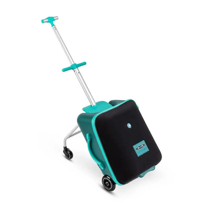 Micro Eazy Luggage teal/black two-wheeled trolley with extended adjustable push handle being pushed.