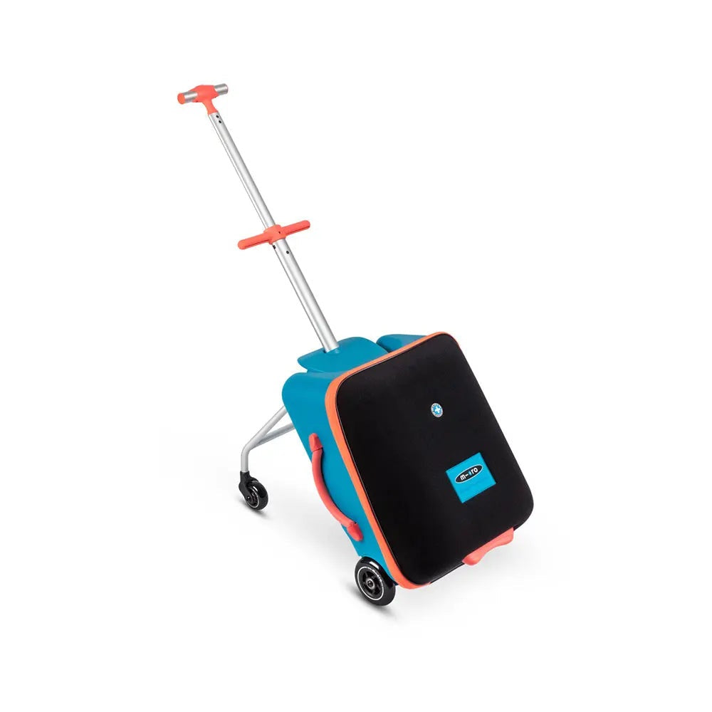 Micro Eazy Luggage suitcase for kids, blue with orange trim, extended handle and wheels.