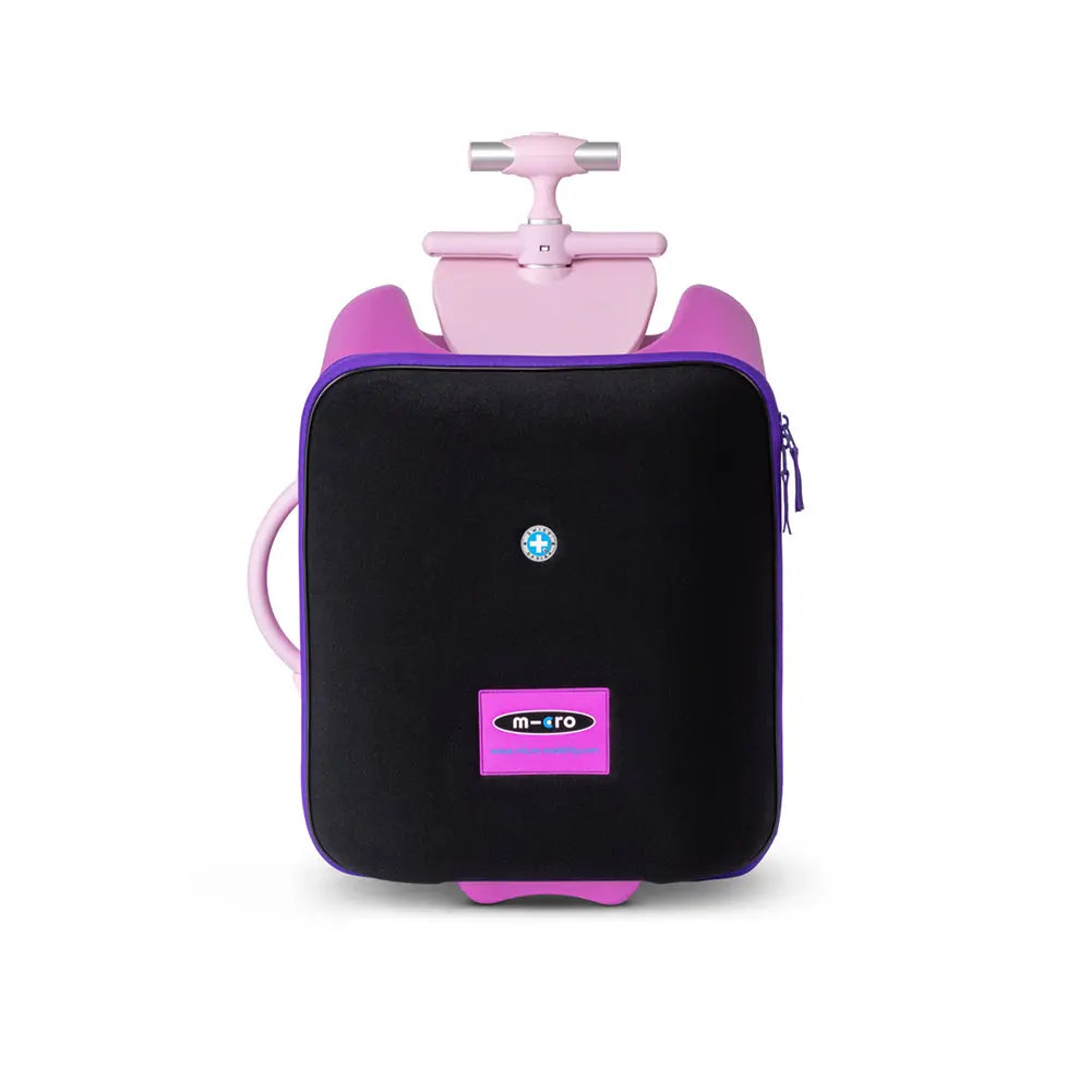 Micro Eazy Luggage for kids, pink and black suitcase with extended trolley handle and MICRO logo.