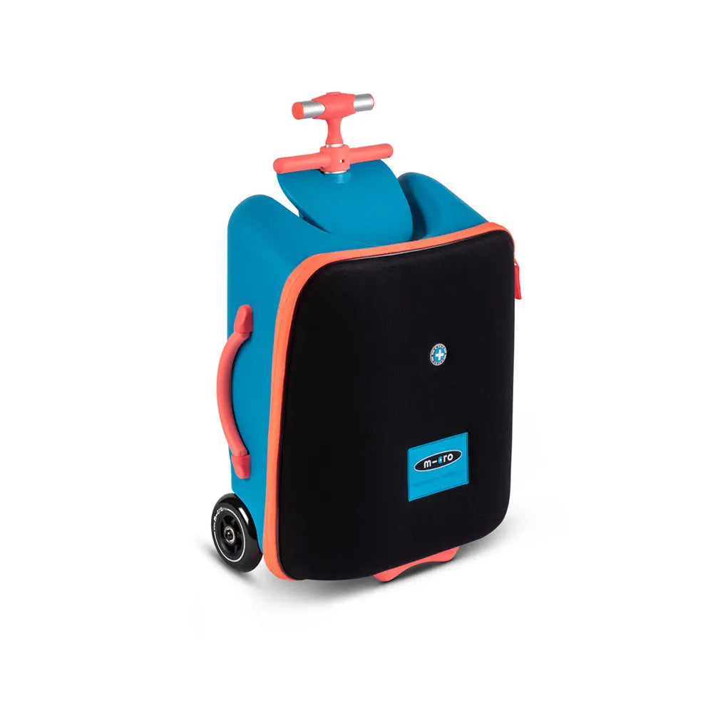 Micro Eazy Luggage, bright blue kid's suitcase with orange trim and black front panel being rolled on wheels.