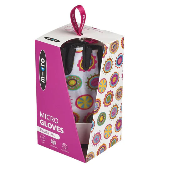 Micro Gloves Doodle Dot kids gloves in colorful doodle pattern, packaged in pink and white box