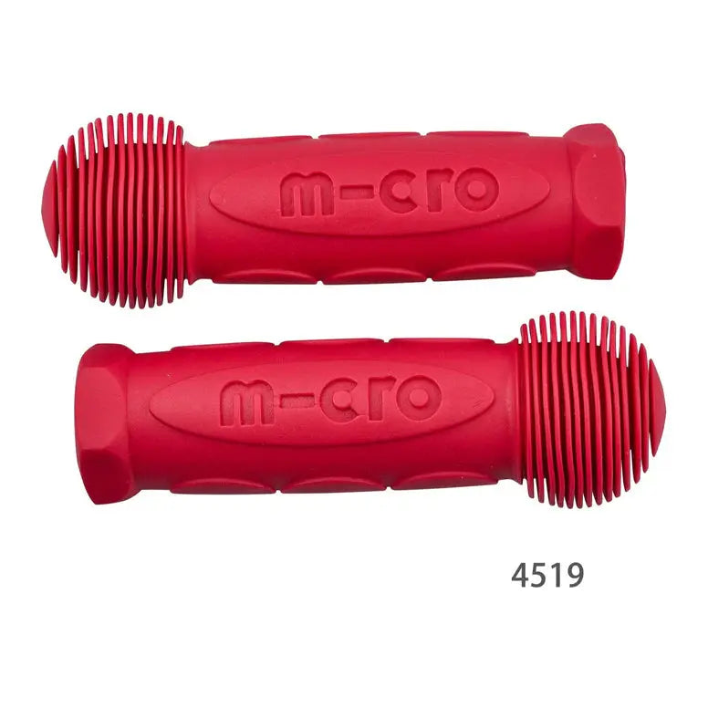 Micro handlebar grips for Mini & Maxi scooters, red rubber pair with ribbed texture shown side-by-side.