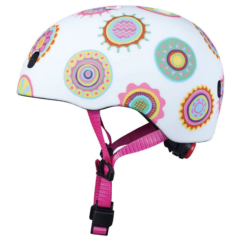 Micro Helmet V2 Doodle Dot white kids' bike helmet with pink strap and quick-release buckle, colorful circular doodles on surface