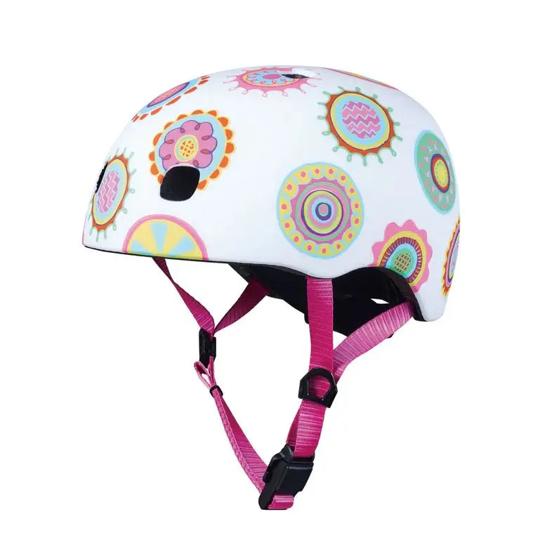 Micro Helmet V2 Doodle Dot white kid's helmet with colorful circles and pink adjustable chin straps.