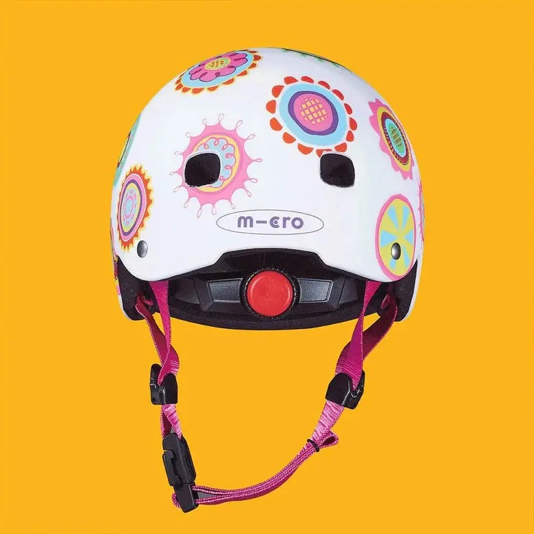 Micro Helmet V2 Doodle Dot white kids' helmet with colorful decals and pink chin straps