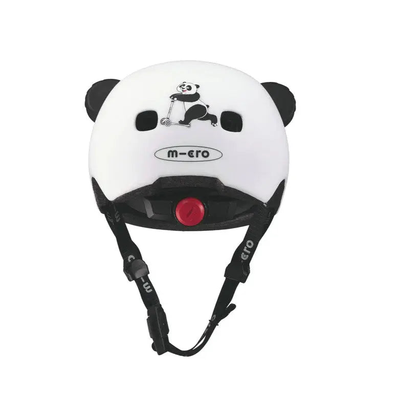 Micro Helmet V2 Panda white kids’ riding helmet with panda-ear design and red front dial for size adjustment.