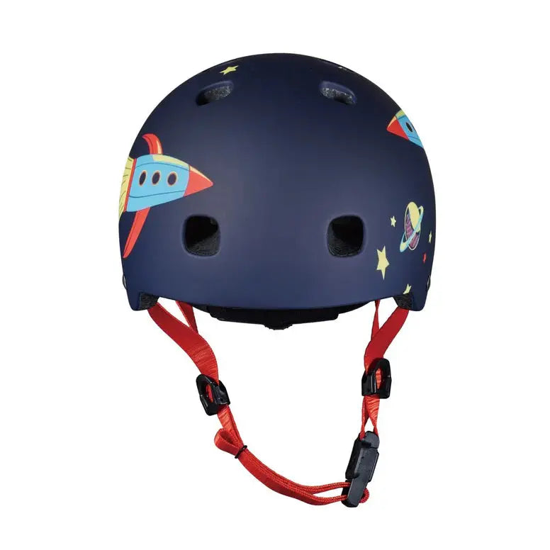 Micro Helmet V2 Rocket blue kids helmet with red chin straps hanging and rocket decals