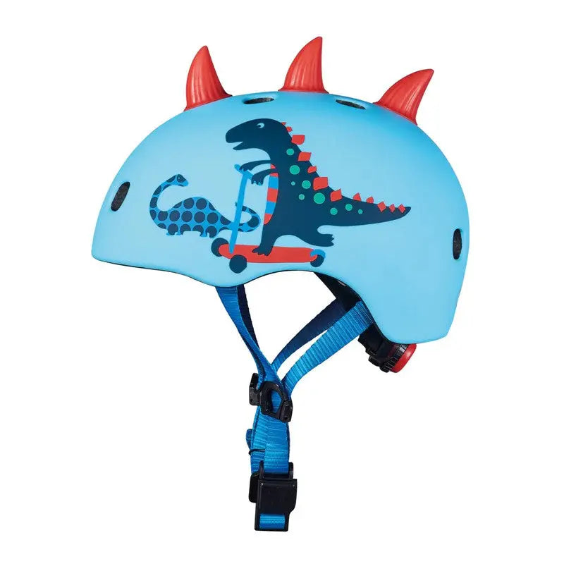 Micro Helmet V2 Scootersaurus blue kids helmet with red spikes, dinosaur graphic, and adjustable blue strap with buckle