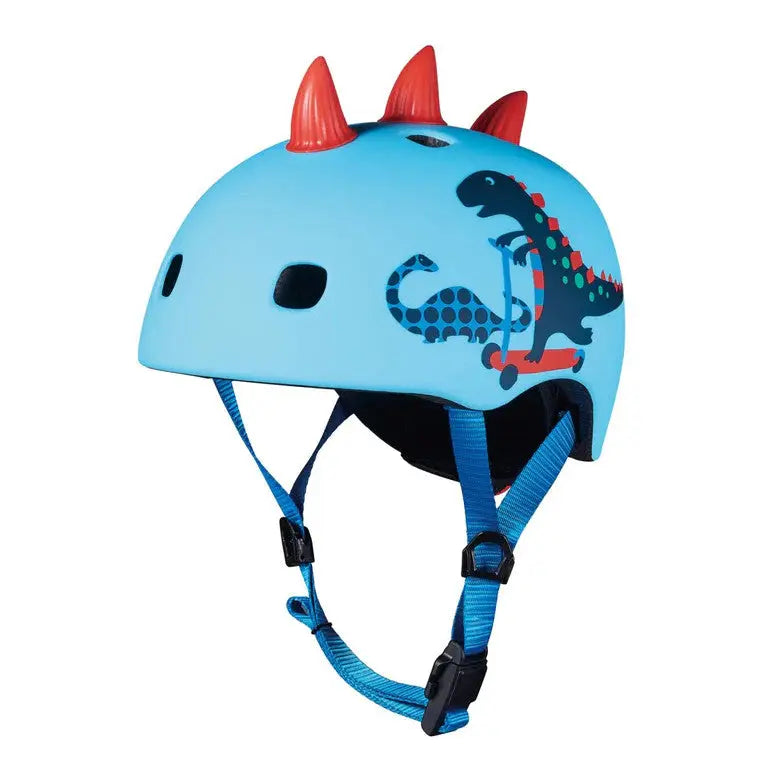 Micro Helmet V2 Scootersaurus blue kids helmet with red horns and dinosaur graphic, shown with blue straps.