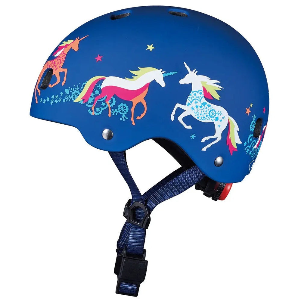 Micro Helmet V2 Unicorn blue kids' helmet with unicorn print and adjustable chin strap.