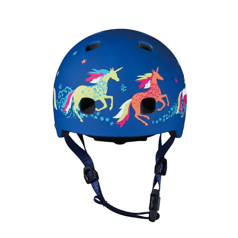 MICRO Micro Helmet V2 Unicorn blue kids helmet with colorful unicorn print and adjustable chin straps.