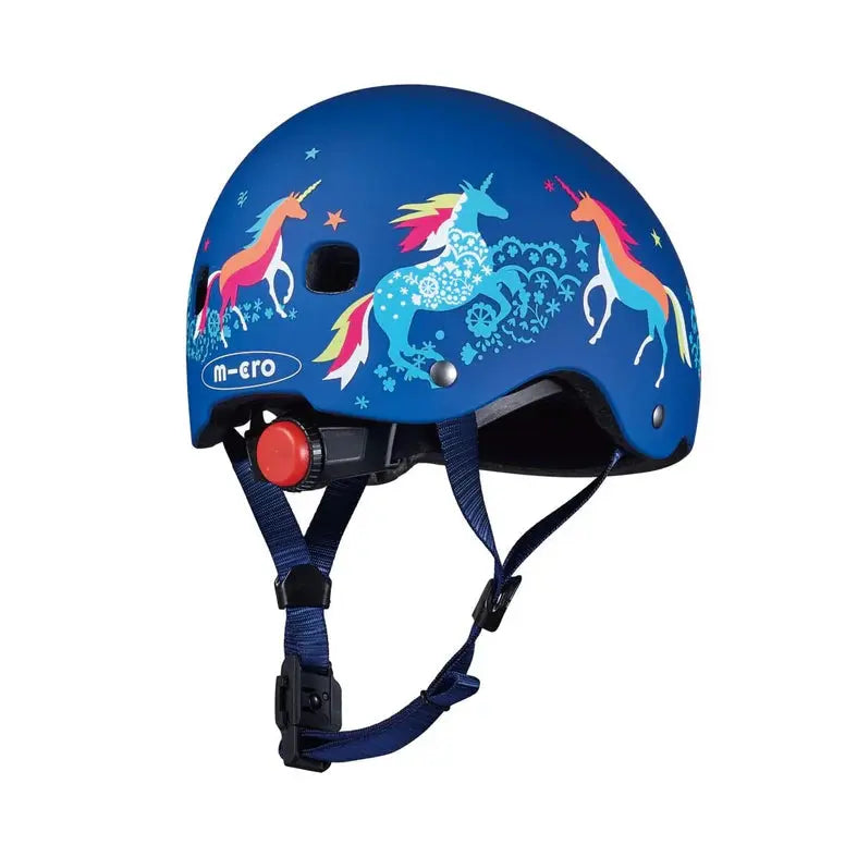 Micro Helmet V2 Unicorn blue kids helmet with unicorn print and adjustable straps fastened under the chin.