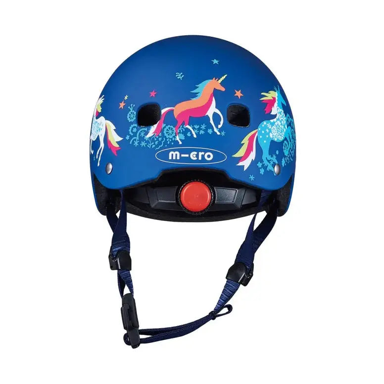Micro Helmet V2 Unicorn blue helmet for kids with unicorn graphics, red size-adjust dial, and adjustable straps