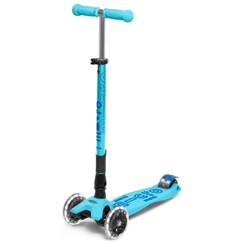 Micro Maxi Foldable Deluxe LED scooter, blue with three wheels and adjustable handlebars, ready to ride.