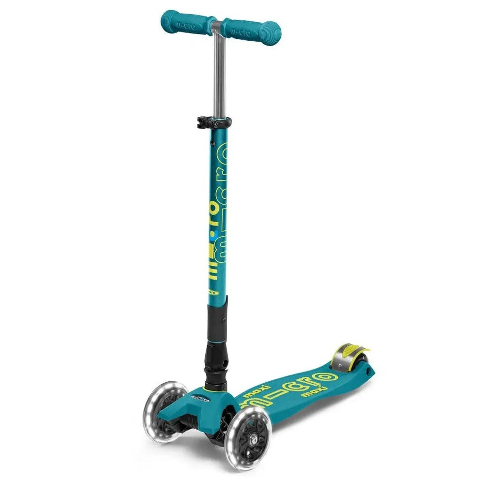 Micro Maxi Foldable Deluxe LED Scooter, teal three-wheel kick scooter ready to ride.