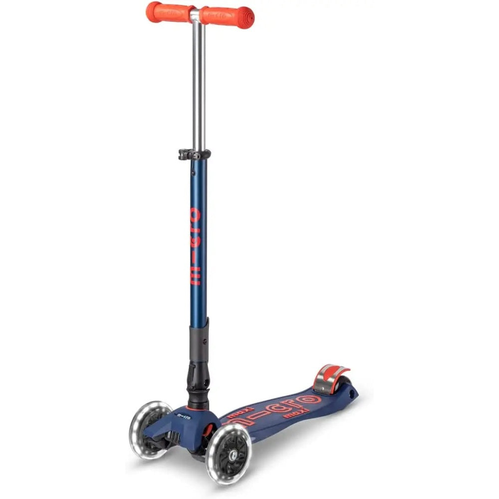 Micro Maxi Foldable Deluxe LED Scooter by MICRO, blue deck with orange handlebars, stem extended.