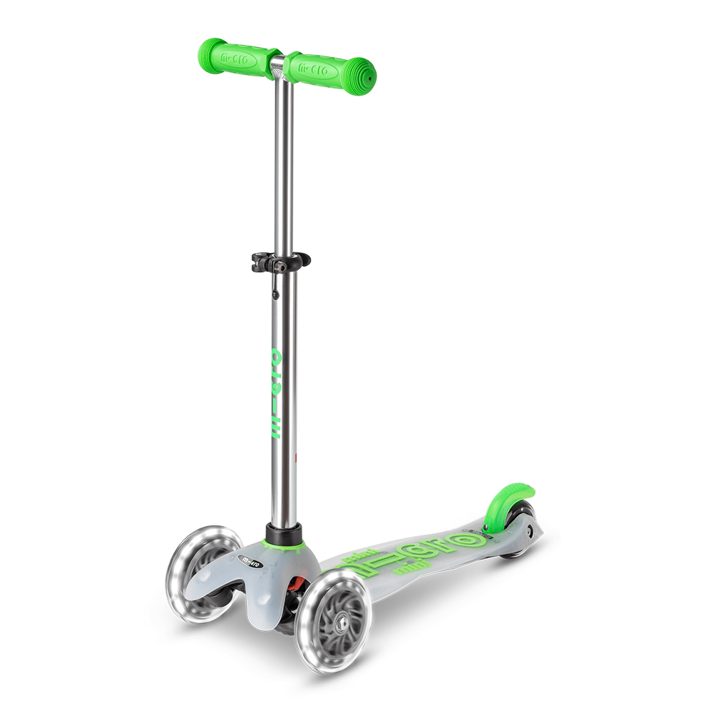 Micro Mini Deluxe Flux LED Scooter, silver deck with green grips and LED wheels by MICRO