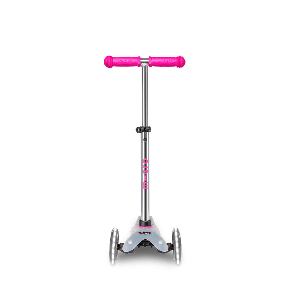 Micro Mini Deluxe Flux LED Scooter with pink grips and silver stem, MICRO brand