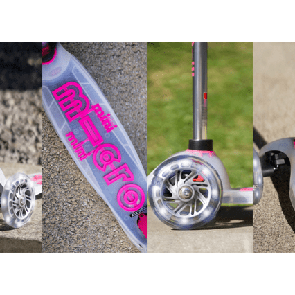 Micro Mini Deluxe Flux LED Scooter with pink accents and translucent deck by MICRO