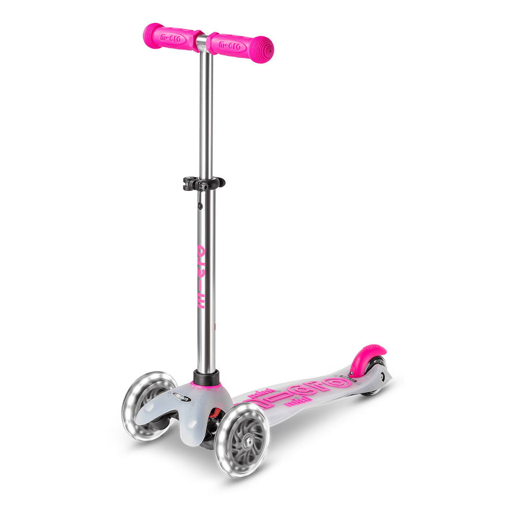 Micro Mini Deluxe Flux LED scooter with pink grips, silver deck, three wheels