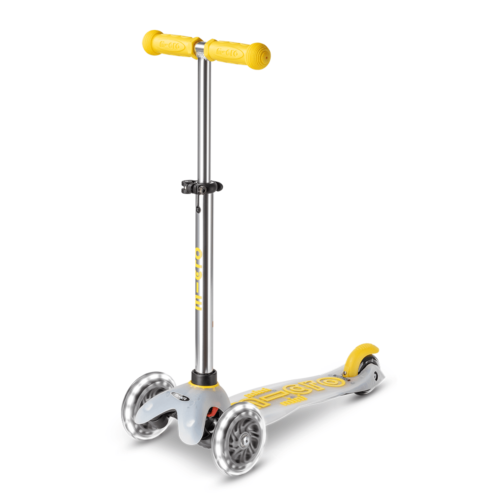 Micro Mini Deluxe Flux LED Scooter for kids, yellow grips and silver deck