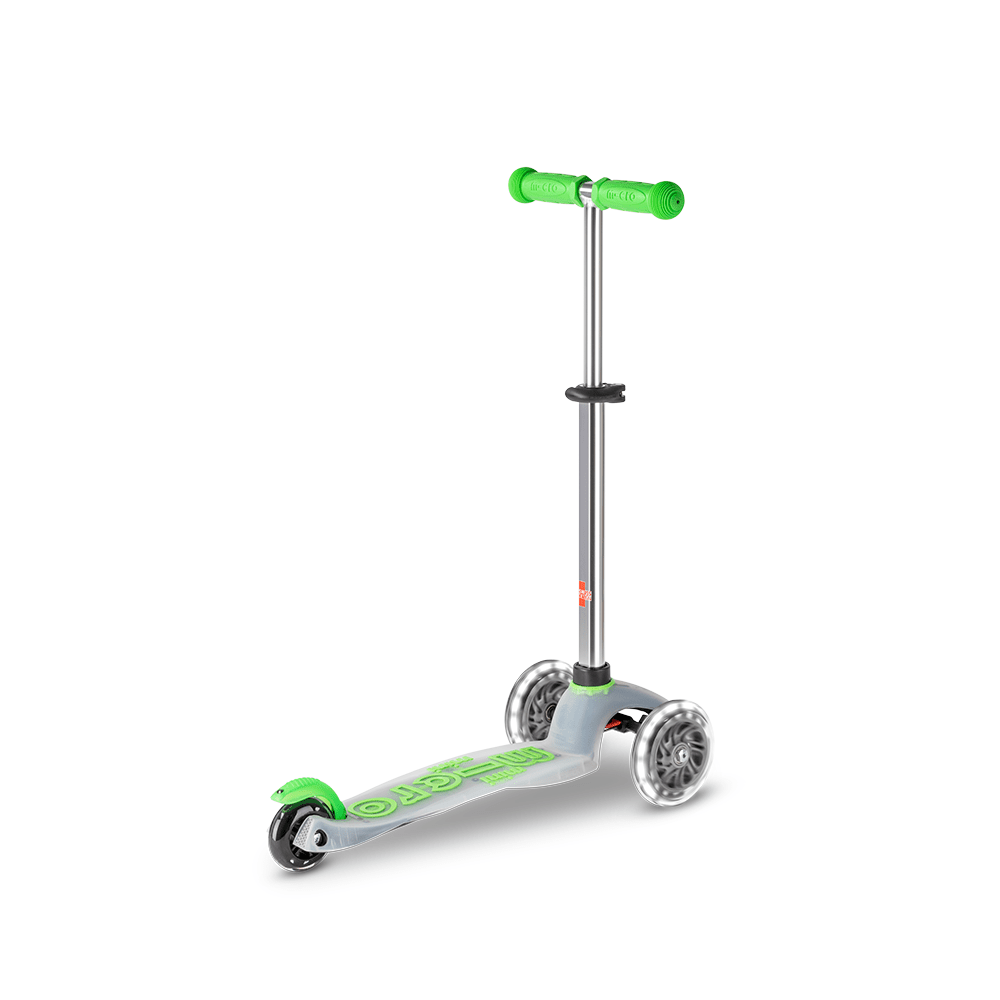 Micro Mini Deluxe Flux LED Scooter, green handlebars, gray deck, 3-wheel design