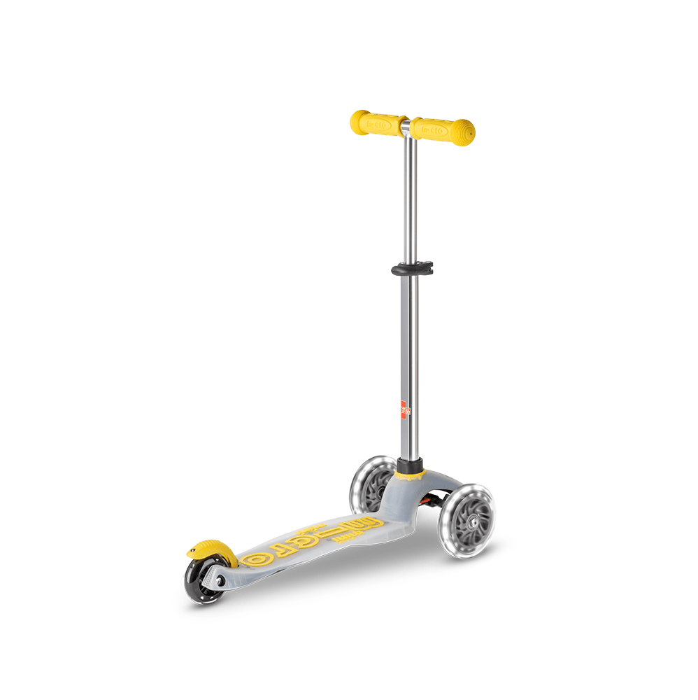 Micro Mini Deluxe Flux LED Scooter for kids, yellow handlebars and deck, 3-wheel design