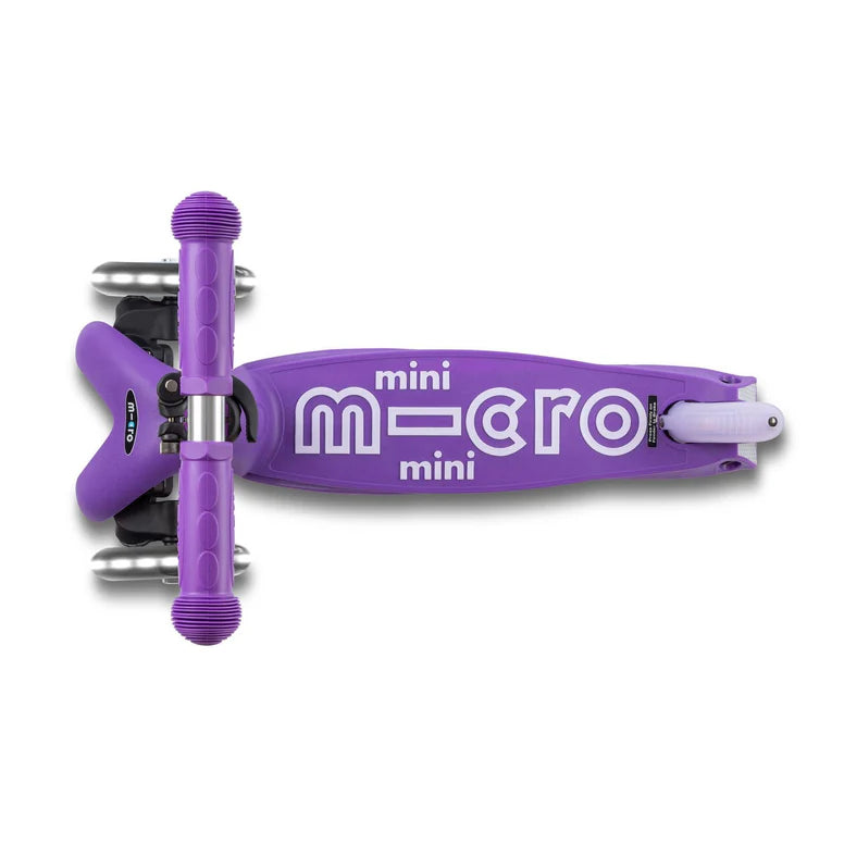 Micro Mini Deluxe Foldable LED Scooter for kids, purple with foldable stem and anti-slip deck.