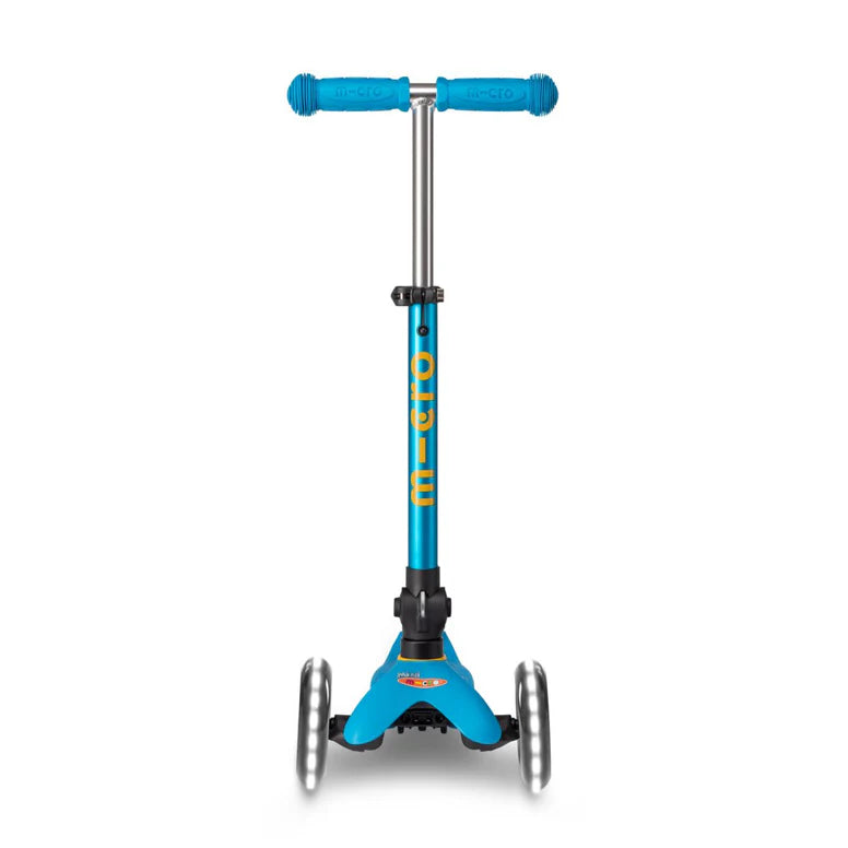 MICRO Micro Mini Deluxe Foldable LED Scooter, blue three-wheel kid's scooter with adjustable handlebar.