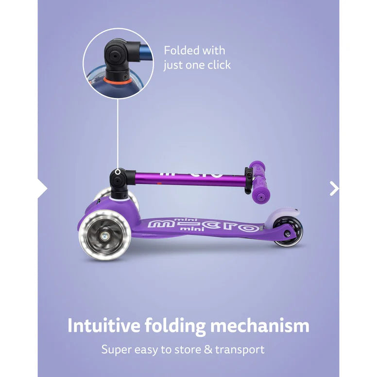 Micro Mini Deluxe Foldable LED Scooter, purple frame with quick-fold mechanism shown folding with one click.