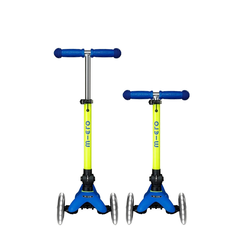 Blue and neon yellow Micro scooter shown in two handlebar height positions with three clear wheels on a white background.