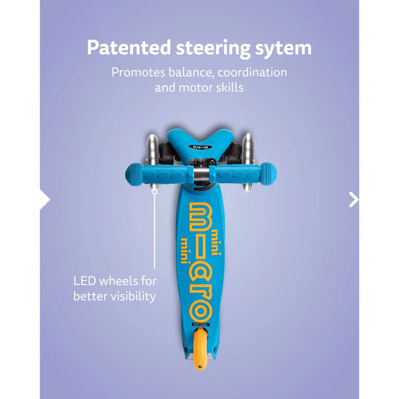 Micro Mini Deluxe Foldable LED Scooter for kids, blue with LED wheels; front view shows handlebars and patented steering.